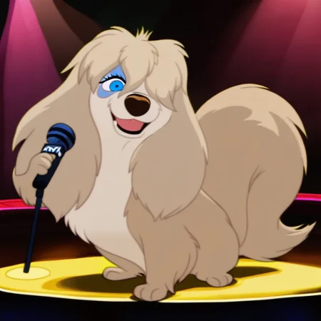 PegLTT, furry, feral, canine, tan body, tan fur, tan hair, light-blue eyeshadow, blue eyes, black pupils, brown nose, hair over one eye, tail, singing, microphone, full body, solo, facing viewer, open eyes, open mouth, feral, happy, smiling, nightclub