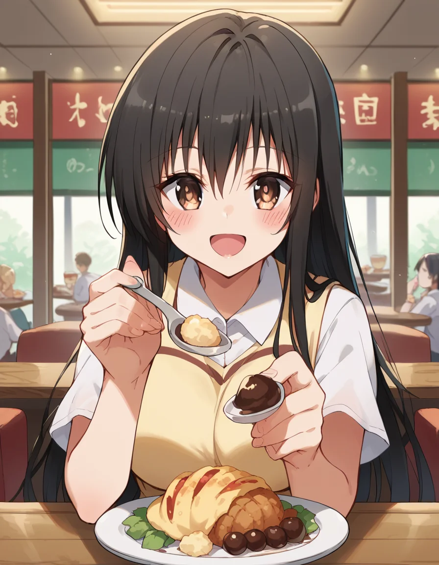 score_9, score_8_up, score_7_up, source_anime, <lora:yui-kotegawa-darkness-ponyxl-lora-nochekaiser:1>, yui kotegawa, black hair, brown eyes, long hair, large breasts, <lora:incoming-spoon-ponyxl-lora-nochekaiser:1> incoming food, spoon, holding, holding spoon, food, looking at viewer, open mouth, blush, smile, restaurant, plate, hand up,, ,
