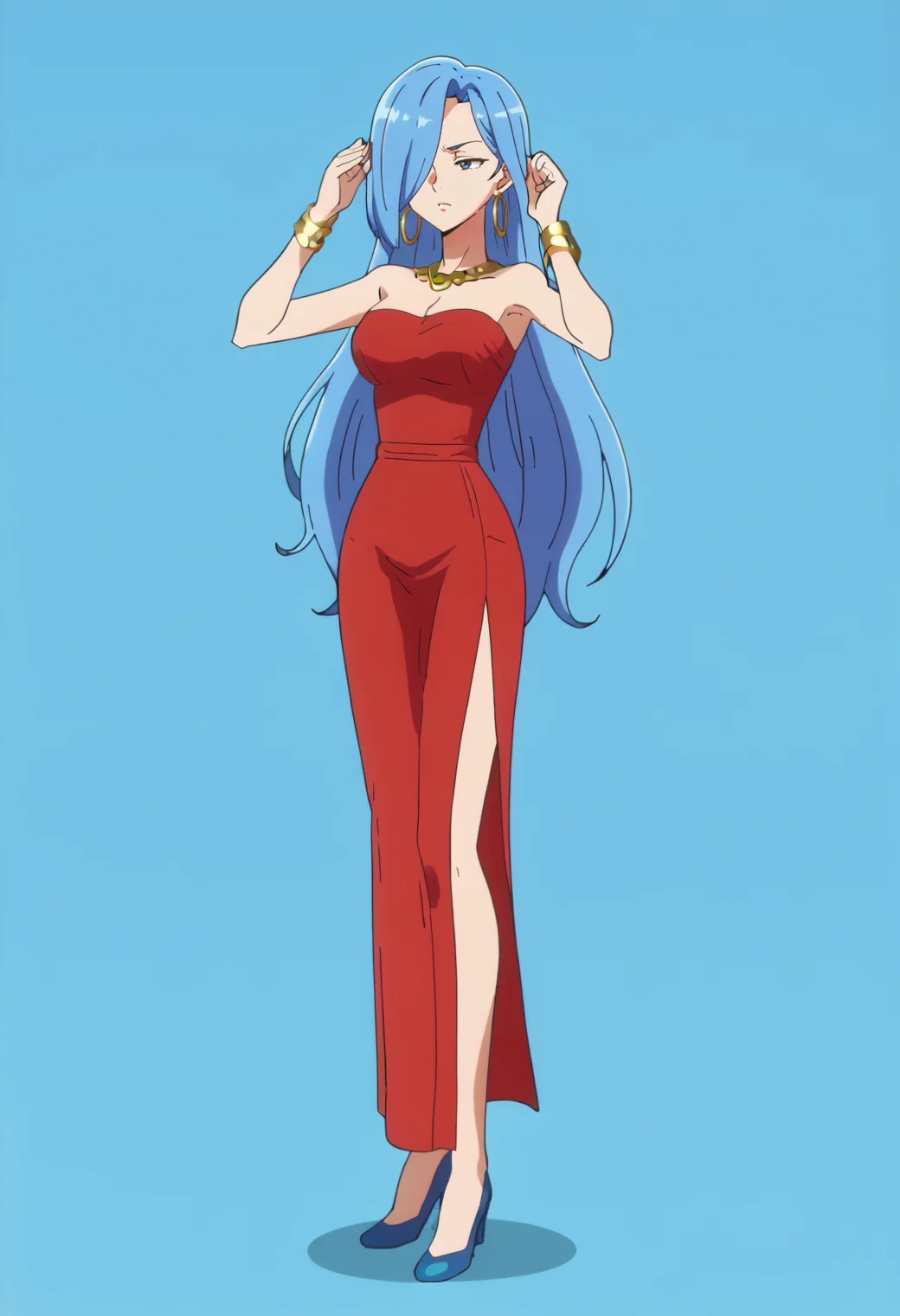 (score_8_up:0.5)
mature female, narrow waist,
1girl, solo, jewelry, long hair, earrings, dress, hair over one eye, high heels, very long hair, hoop earrings, full body, blue hair, standing, bracelet, strapless, red dress, blue footwear, hands up, strapless dress, blue background,
anime screencap, true anime style, outline,  <lora:True_Anime_Style:1.2>