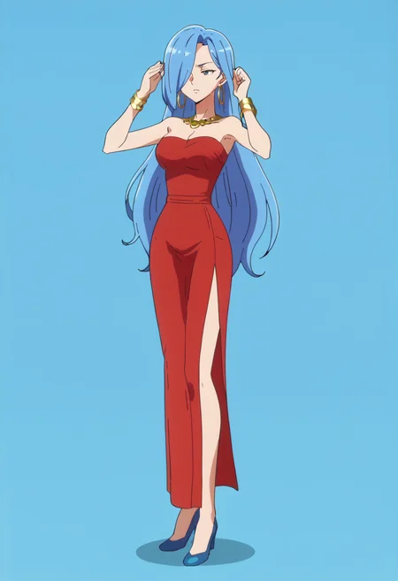 (score_8_up:0.5)
mature female, narrow waist,
1girl, solo, jewelry, long hair, earrings, dress, hair over one eye, high heels, very long hair, hoop earrings, full body, blue hair, standing, bracelet, strapless, red dress, blue footwear, hands up, strapless dress, blue background,
anime screencap, true anime style, outline, <lora:True_Anime_Style:1.2>