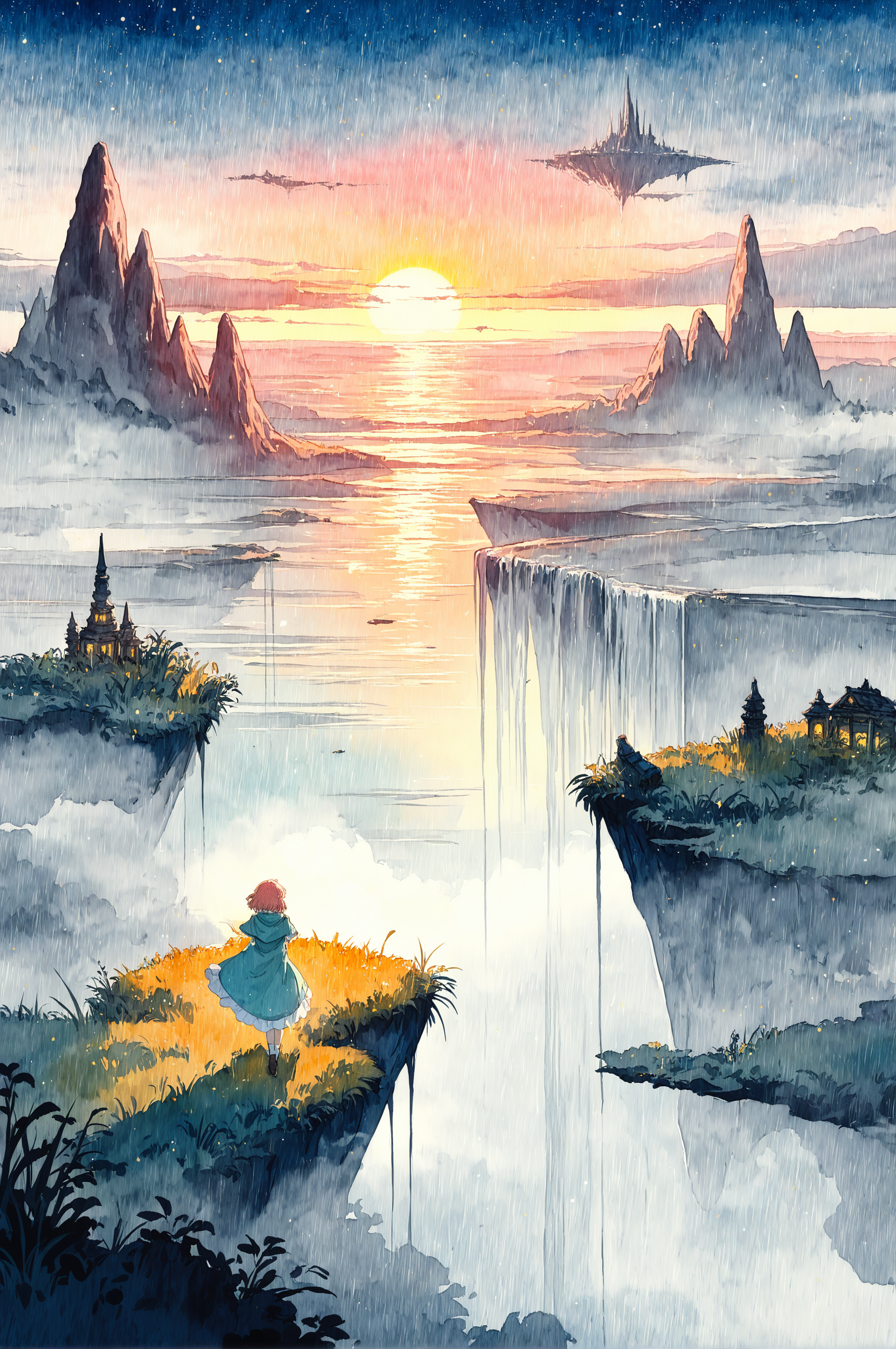 masterpiece, best quality, amazing quality, very aesthetic, high resolution, ultra-detailed, absurdres, newest, rim light, (watercolor_\(artwork\):1),<lora:WCXLN2dot0:0.5>, fantasy, landscape, floating island, waterfall, mist, fog, sunset,