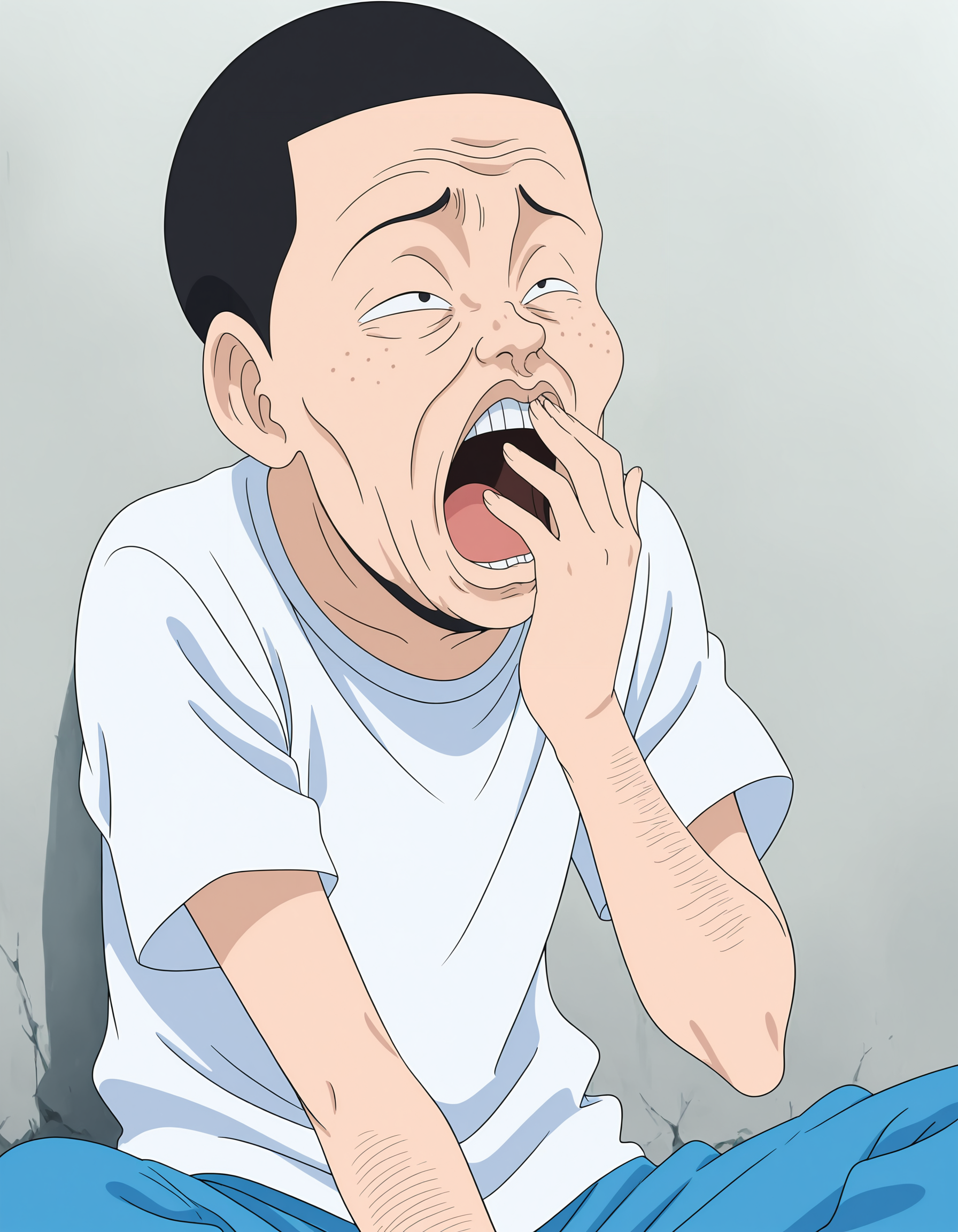 masterpiece, incredibly absurdres,best quality,anime screencap, anime coloring, (solo boy,alone,soro focus:1.1),looking afar,
<lora:InachuBoyV10:0.8>InachuBoy,1boy,ugly man,hentai,parody,style parody,black hair,buzz cut,black eyes,arm hair,(teeth,buck teeth,freckles,sanpaku:0.8),
t-shirt,white shirt,blue pants,hand to own mouth,yawn,expressionless,sitting,
School, outdoors,