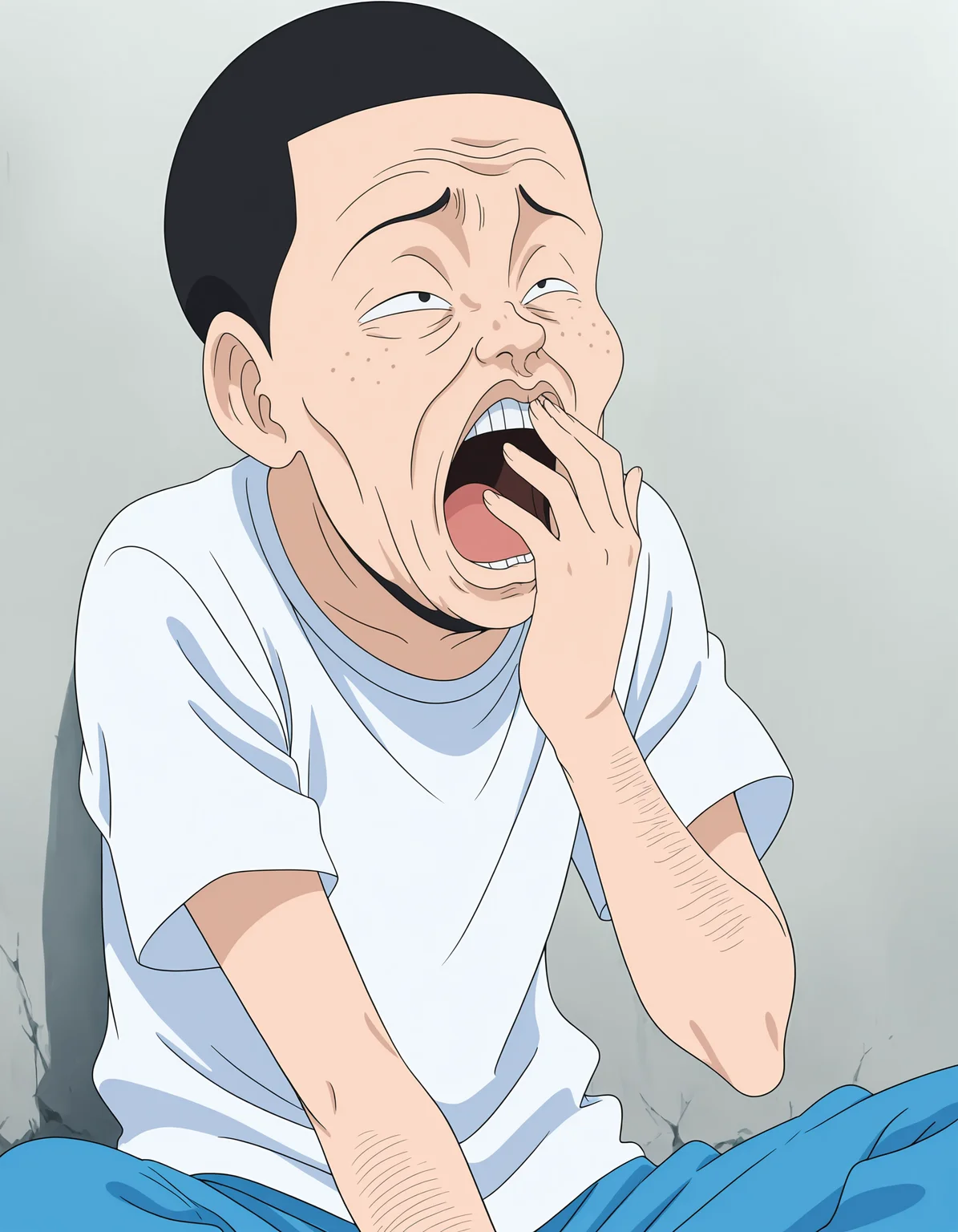 masterpiece, incredibly absurdres,best quality,anime screencap, anime coloring, (solo boy,alone,soro focus:1.1),looking afar,
<lora:InachuBoyV10:0.8>InachuBoy,1boy,ugly man,hentai,parody,style parody,black hair,buzz cut,black eyes,arm hair,(teeth,buck teeth,freckles,sanpaku:0.8),
t-shirt,white shirt,blue pants,hand to own mouth,yawn,expressionless,sitting,
School, outdoors,