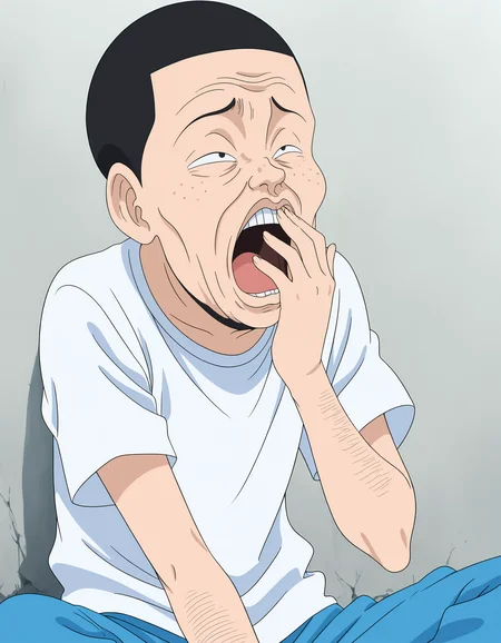 masterpiece, incredibly absurdres,best quality,anime screencap, anime coloring, (solo boy,alone,soro focus:1.1),looking afar,
<lora:InachuBoyV10:0.8>InachuBoy,1boy,ugly man,hentai,parody,style parody,black hair,buzz cut,black eyes,arm hair,(teeth,buck teeth,freckles,sanpaku:0.8),
t-shirt,white shirt,blue pants,hand to own mouth,yawn,expressionless,sitting,
School, outdoors,
