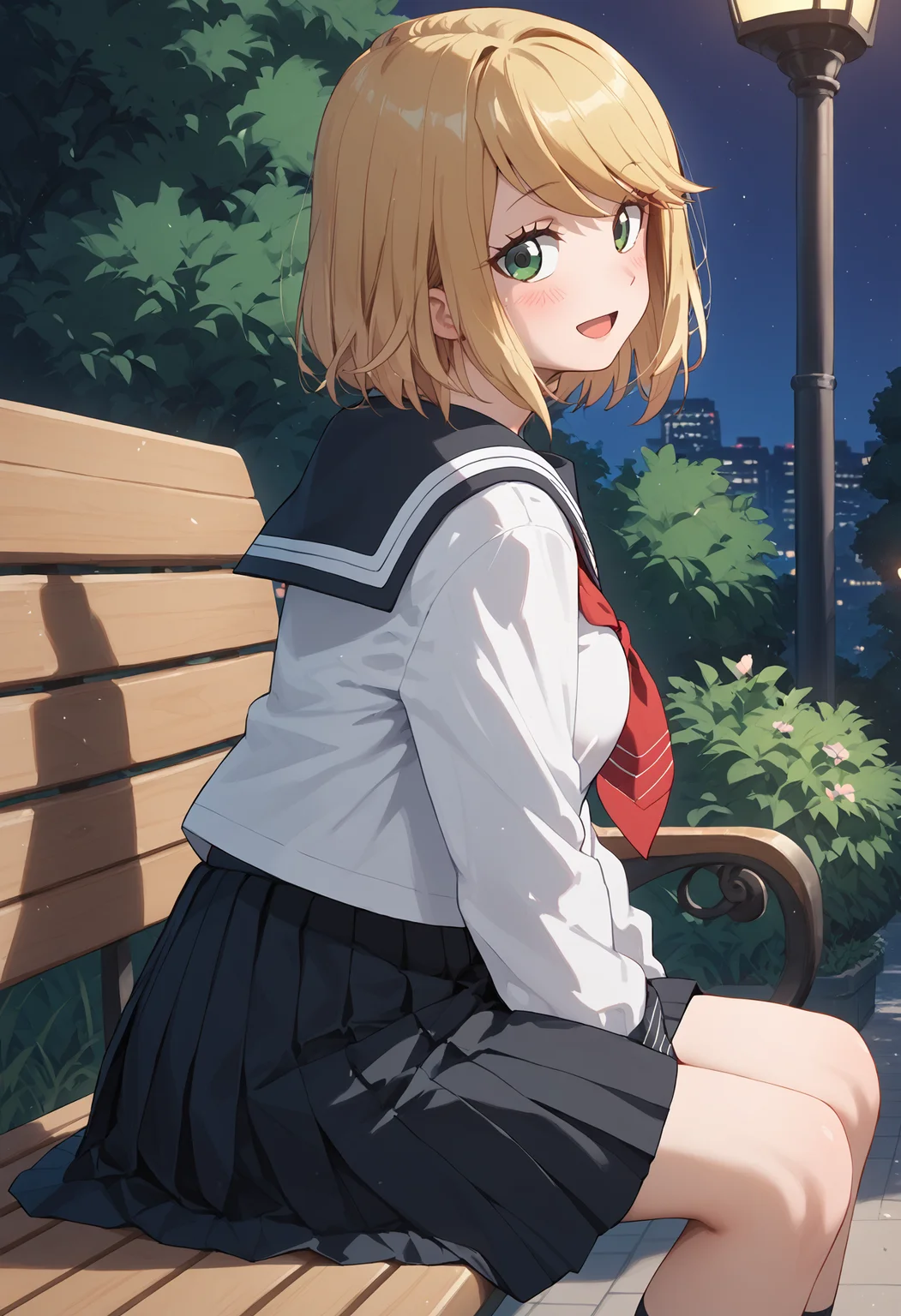 score_9, score_8_up, score_7_up, score_6_up, score_ANIME,desumi, 1girl, solo, blonde hair, green eyes, serafuku, smile, looking at viewer, pleated skirt, long sleeves, sailor collar, red neckerchief, closed mouth, swept bangs, standing, bob cut <lora:magahara_desumi_pony2:1>, large breasts, black skirt, park, night, sitting, bench, open mouth, blush, from side,