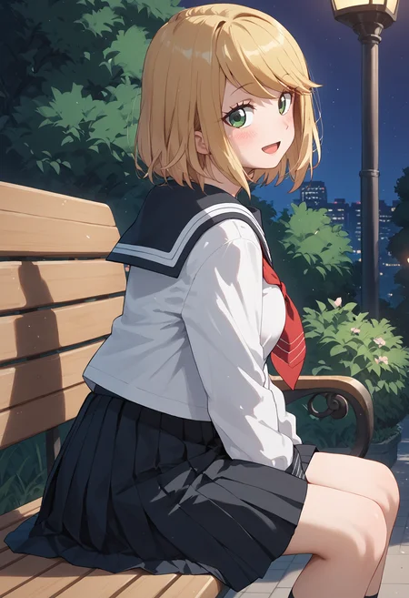 score_9, score_8_up, score_7_up, score_6_up, score_ANIME,desumi, 1girl, solo, blonde hair, green eyes, serafuku, smile, looking at viewer, pleated skirt, long sleeves, sailor collar, red neckerchief, closed mouth, swept bangs, standing, bob cut <lora:magahara_desumi_pony2:1>, large breasts, black skirt, park, night, sitting, bench, open mouth, blush, from side,