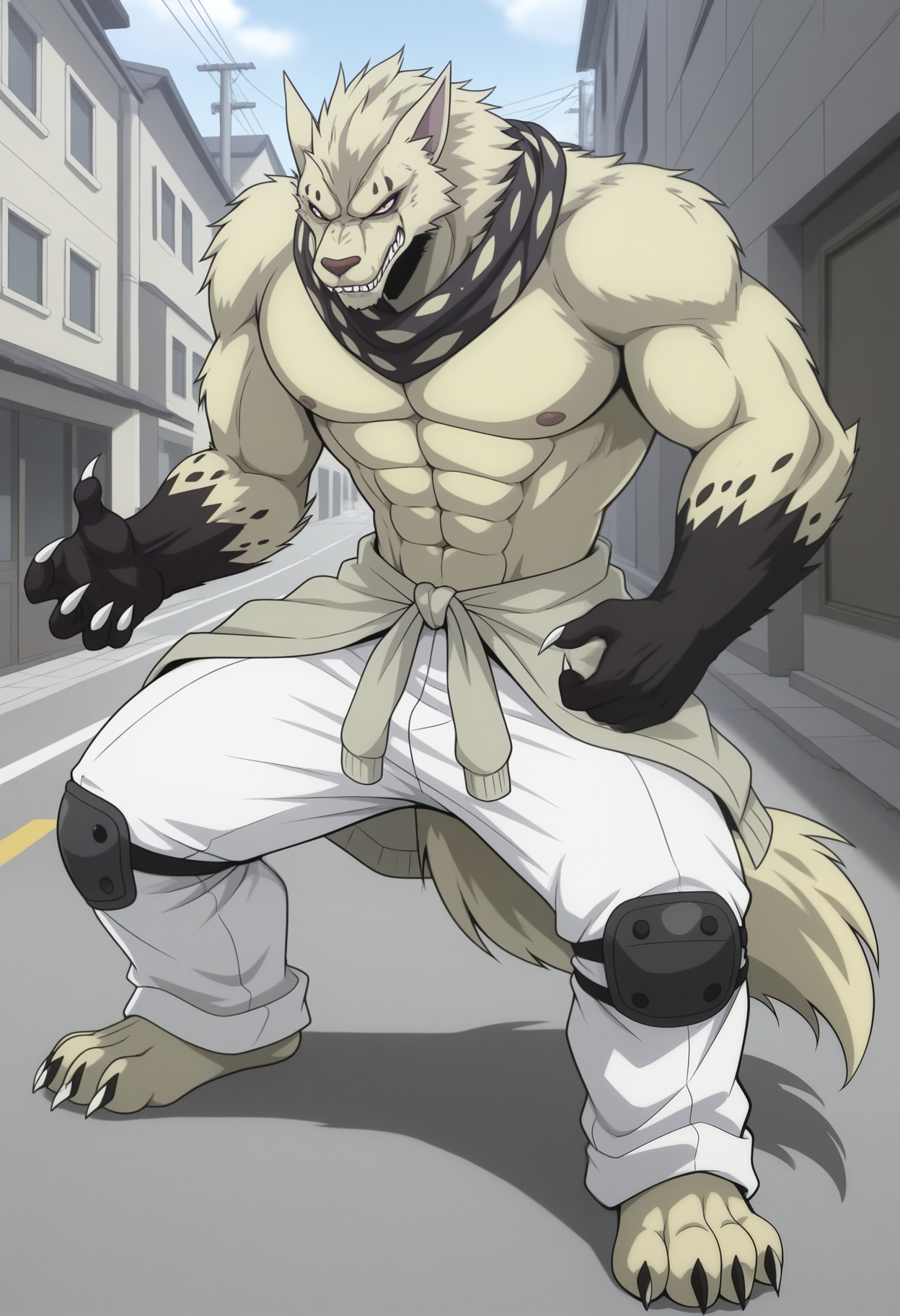 masterpiece,best quality,amazing quality, 1boy, solo, j4ck4l, furry, mismatched sclera, no pupils, red sclera, scar across eye, white sclera, polka-dot bandanna, jacket around waist, white pants, knee pads, tail, full body, outdoors,