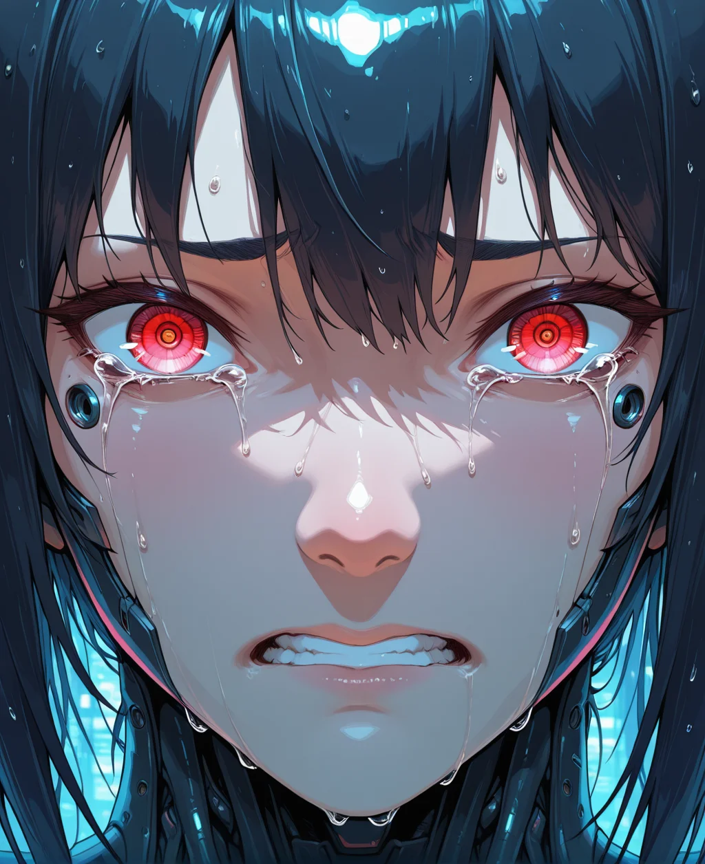 1women, sad, desperate, dispair, loss, hopeless, tears, crying, extreme close up, face focus, detailed eyes, lonley, terror, emotional, clenched teeth, sorrow, wet, wet hair,, masterpiece,best quality,amazing quality,, cybernetic, cyborg, Cyberpunk Style, cyberpunk, science fiction, hi tech, future tech, neon, <lora:cybernetic_ill:0.65> <lora:Cyberpunk_Style:0.3>