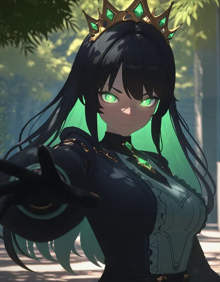 masterpiece, best quality, newest, highres, absurdres, <lora:Z_Style:1>,3d, solo, long hair, green eyes, 1girl, glowing, looking at viewer, black hair, glowing eyes, upper body, crown, closed mouth, colored inner hair, depth of field, foreshortening, dynamic pose, dappled sunlight, scenery,
