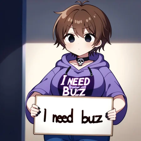 1boy, brown hair, wearing long collars, black eyes, emo style, delicate, baggy eyes, wearing a long collar, feminine, blue pants, Otaku, feminine curves, purple t-shirt below, black nails, icon, skull symbol tshirt,, English text, Holding a sign that reads the text: "I need Buzz", handwritten text,