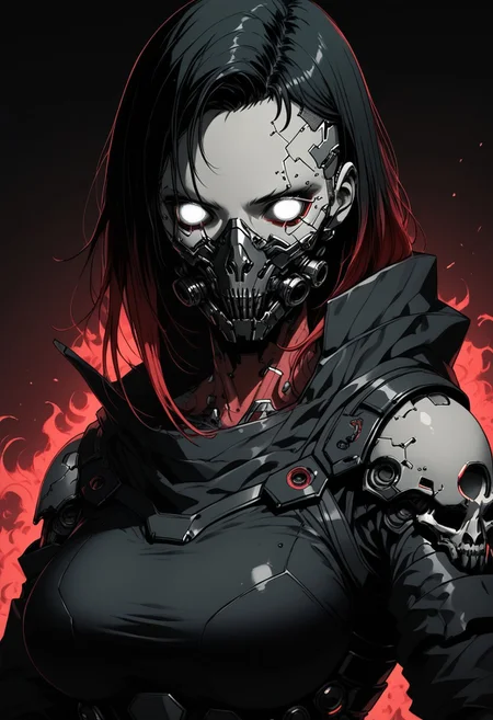 sinozick style, fiery aura, 1girl, cyberpunk, dark theme, metal mask, metal three quarters face mask, solo, cyborg, skull, looking at viewer, multi-colored hair, white eyes, bloody, large breasts, claws, "sinozick style", "g4n1m3"