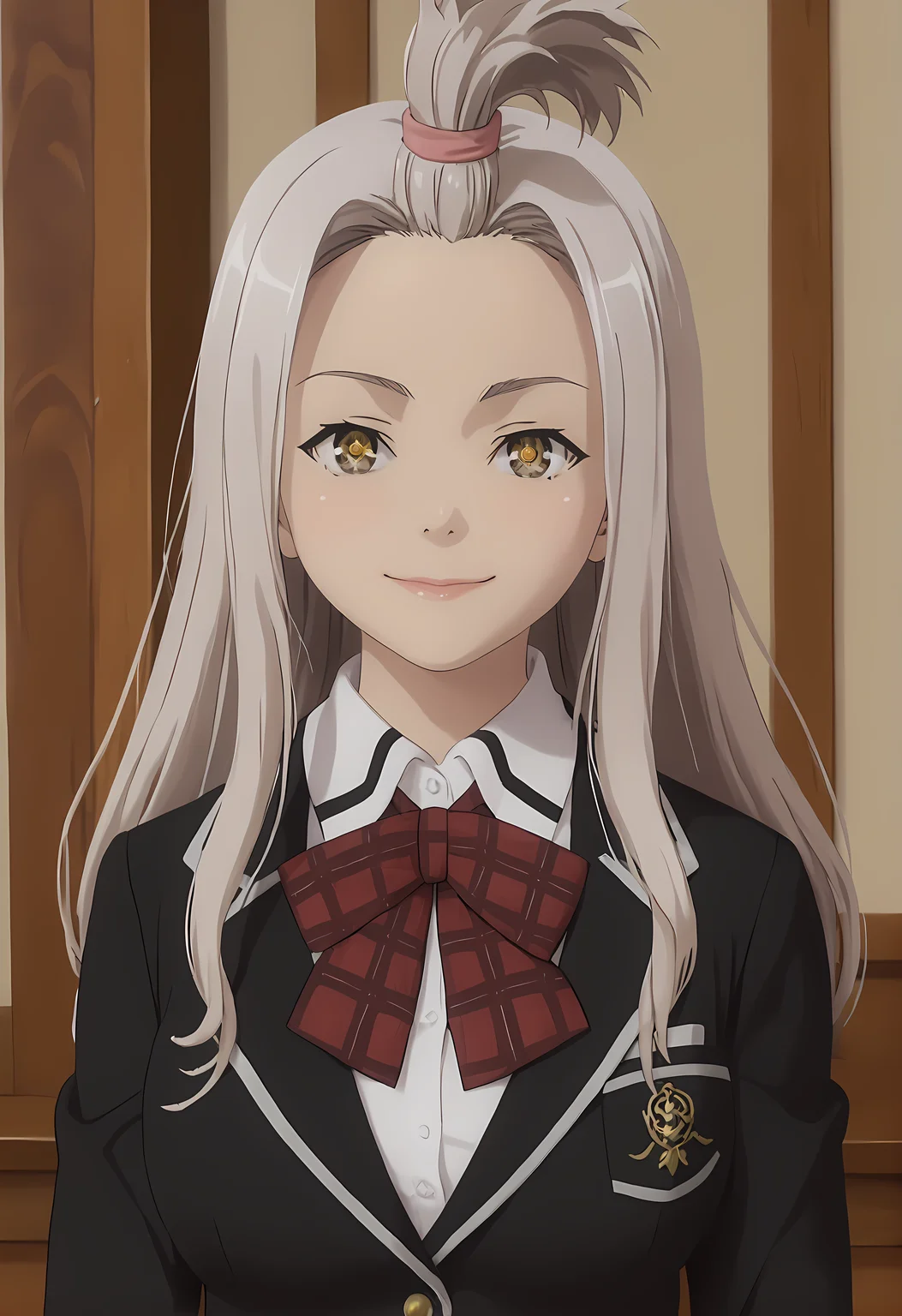 score_9, score_8_up, score_7_up,looking at viewer, shiny skin, upper body, light smile, petite,ohwx, long_hair, grey_hair, yellow_eyes, white_hair, brown_eyes, bangs_pinned_back, topknot, breasts, very_long_hair, large_breasts, symbol-shaped_pupils,school_uniform, bow, jacket, blazer, bowtie, shirt, plaid, skirt, socks, red_bow, bangs_pinned_back, topknot, plaid_skirt, long_sleeves, red_skirt, red_bowtie, black_socks, pleated_skirt, kneehighs, black_jacket, collared_shirt, shoes, loafers, official_style, white_shirt, plaid_bow, ribbon, miniskirt, Japanese countryside with rice paddies, distant mountains, early morning mist, quiet and rural ambiance,<lora:yui_kurata_pony_sobsynapse-000001:1>