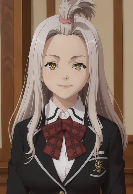 score_9, score_8_up, score_7_up,looking at viewer, shiny skin, upper body, light smile, petite,ohwx, long_hair, grey_hair, yellow_eyes, white_hair, brown_eyes, bangs_pinned_back, topknot, breasts, very_long_hair, large_breasts, symbol-shaped_pupils,school_uniform, bow, jacket, blazer, bowtie, shirt, plaid, skirt, socks, red_bow, bangs_pinned_back, topknot, plaid_skirt, long_sleeves, red_skirt, red_bowtie, black_socks, pleated_skirt, kneehighs, black_jacket, collared_shirt, shoes, loafers, official_style, white_shirt, plaid_bow, ribbon, miniskirt, Japanese countryside with rice paddies, distant mountains, early morning mist, quiet and rural ambiance,<lora:yui_kurata_pony_sobsynapse-000001:1>