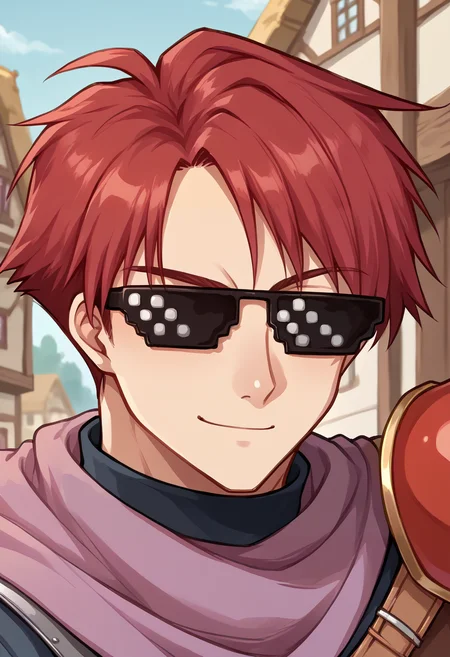 score_9, score_8_up, score_7_up, source_anime BREAK 1boy, male focus, solo,
<lora:trailsinthegrant:1> grantchads, red hair, brown eyes, scarf, male focus, armor, gloves, pants
town, confidant smile, <lora:DealWithIt_XLPD:1> IncrsXLDealWithIt, sunglasses, close up