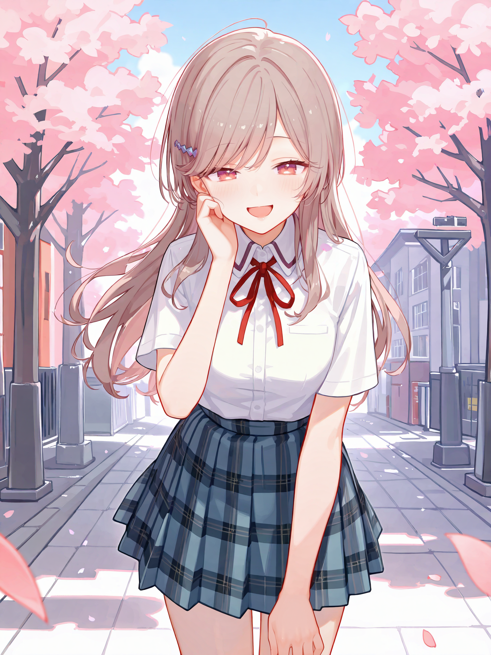 1girl, sena ajisai, hairclip, solo, school uniform, pleated skirt, plaid skirt, white collared shirt, neck ribbon, looking at viewer, light smile, open mouth, naughty face, hand on own face, standing, cowboy shot, outdoors, street, cherry blossoms, petals, depth of field , <lora:Char-Sena_Ajisai-V1-IL:0.9>
masterpiece, best quality, amazing quality, very aesthetic, absurdres, (ask \(askzy\), hiten \(hitenkei\):0.7), perfect features, intricate details, ray tracing, <lora:XL-aesthetic_anime:1:hr=0.1>, <lora:XL-detailed_notrigger:1:hr=0.5>