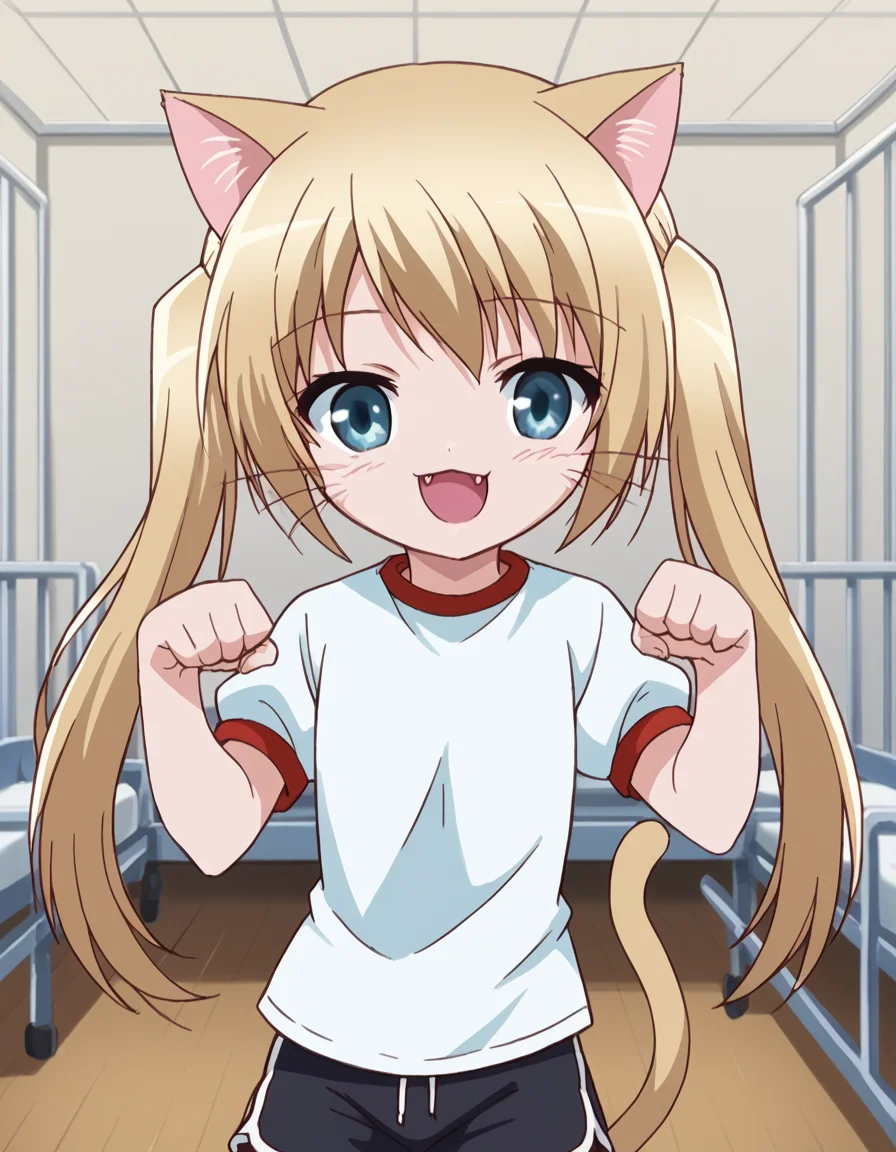 score_9, score_8_up, score_7_up, source_anime, <lora:maho-misawa-s1-ponyxl-lora-nochekaiser:1>, maho misawa, long hair, blue eyes, blonde hair, twintails,, gym uniform, shorts, black shorts, dolphin shorts, hospital room, bedside, get well flowers, comforting, quiet, smile, <lora:paw-pose-ponyxl-lora-nochekaiser:1>, paw pose, cat ears, cat tail, animal ears, tail, cat girl, open mouth, fang, whiskers,, looking at viewer, solo,, dutch angle, cowboy shot