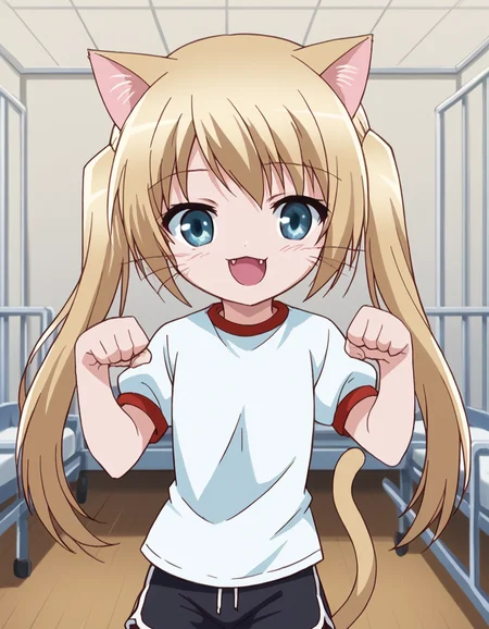 score_9, score_8_up, score_7_up, source_anime, <lora:maho-misawa-s1-ponyxl-lora-nochekaiser:1>, maho misawa, long hair, blue eyes, blonde hair, twintails,, gym uniform, shorts, black shorts, dolphin shorts, hospital room, bedside, get well flowers, comforting, quiet, smile, <lora:paw-pose-ponyxl-lora-nochekaiser:1>, paw pose, cat ears, cat tail, animal ears, tail, cat girl, open mouth, fang, whiskers,, looking at viewer, solo,, dutch angle, cowboy shot