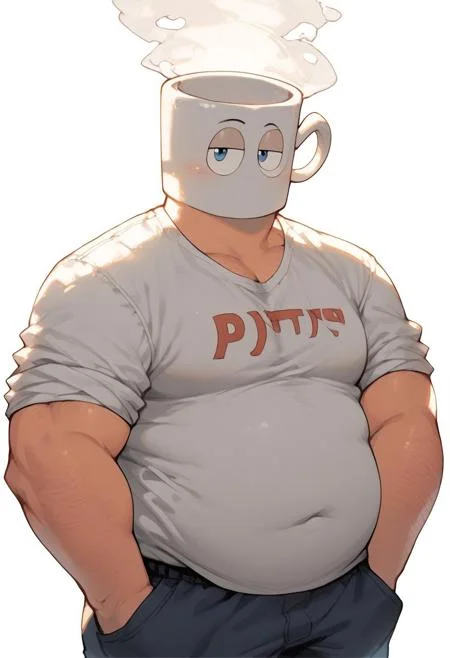 score_9, score_8_up, score_7_up, masterpiece, best quality, lots of details, close-up, solo, male focus, bara, solo, backlight, cartoon style, 2d, detailed background, perfect hands, high quality, perfect anatomy, masterpiece, Joe Cuppa, object head, mug head, mouthless, steam coming out from head, head, red necktie, fat, chubby body, large belly, white t-shirt, blue trousers, cartoon eyes, ray tracing, BREAK, male, looking at viewer, one hand in pocket, one hand waving