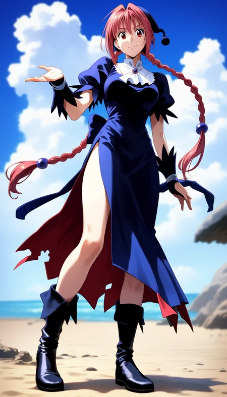 score_9,score_8_up,score_7_up,
<lora:dorothy>,doroshii,1girl,solo,
pale skin,red eyes,long pink hair,bangs,two braided pigtails,black scrunchie,black cap with ball on end,
dress with slit on left side up to hip,large bow on lower back,short puffed sleeves,tight around torso,shows breast shape,white collar,mail coach tie,black boots below knees,dark purple jewel on tie,
looking at viewer,smile,
outdoors,beach,soft clouds drifting,summer,
vignetting,blurry background,
facing viewer,front view,
full body,