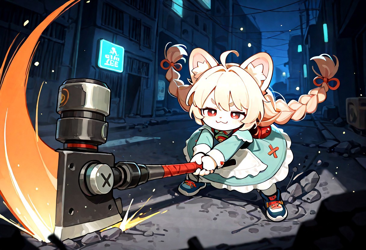 (1girl, solo), zhao_(zenless_zone_zero), very_long_hair, twin_braids, smug, :3, red_eyes, furry_female, (petite, shortstack, (flat_chested)), dress, night, dark, in an ruined city, fighting_stance, huge_weapon, holding_axe, two-handed, puddle on the ground, far shot, neon signs, weapon_focus, ((incoming_attack, attack_trail)), hammersmash,
backlighting, dramatic_lighting, ((three_quarter_view)), from_above, foreshortening, perspective, depth_of_field, dim_lighting, epic, cinematic, RTX, bloom, perfection, perfect, detailed, tianliang_duohe_fangdongye, light_particles, incredibly absurdres, highres, masterpiece, newest, best quality, amazing quality, very aesthetic,