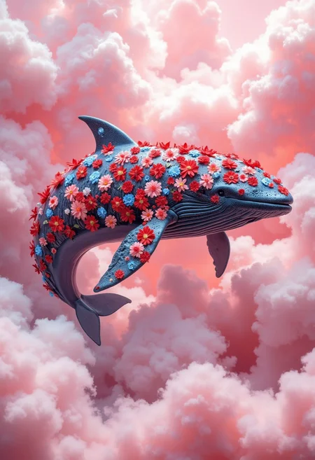 Ultra-realistic photo of a whale with skin made of red and blue flowers, floating in pink clouds. Minimum details, simple, surreal scene with soft lighting. Blurred background. shot taken on Kodak Portra