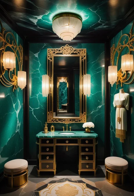 a cabaret singer's smoky dressing room within a crystal cavern; the cavern wall is a granite blend of obsidian, quartz, and jade. (The room is illuminated by a pair frosted-jade or soapstone sconces, inset into the wall on either side of a vanity mirror). Several beautiful and varied ao dai dresses hang from a clothing rack next to an ornate armoire. the neo-noir ambience combines a sense of intrigue with opulence.