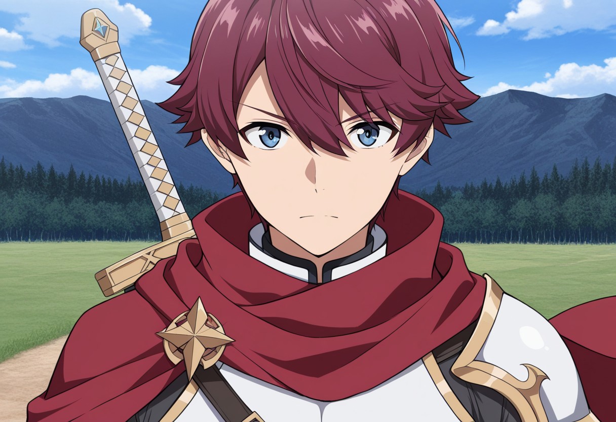 score_9, score_8_up, score_7_up, score_6_up, score_5_up, score_4_up, high quality, (detailed eyes:1.5), (detailed face), ((perfect face)), master piece, best high quality, ultra details, intricate details, male focus, detailed body, detailed background, perfect anatomy, masterpiece, high quality, best quality, amazing quality, very aesthetic, absurdres, ryuusen kazuki, maroon hair, blue eyes, white armor, gold trim, sword behind back, serious, red cape, red scarf, (battlefield)