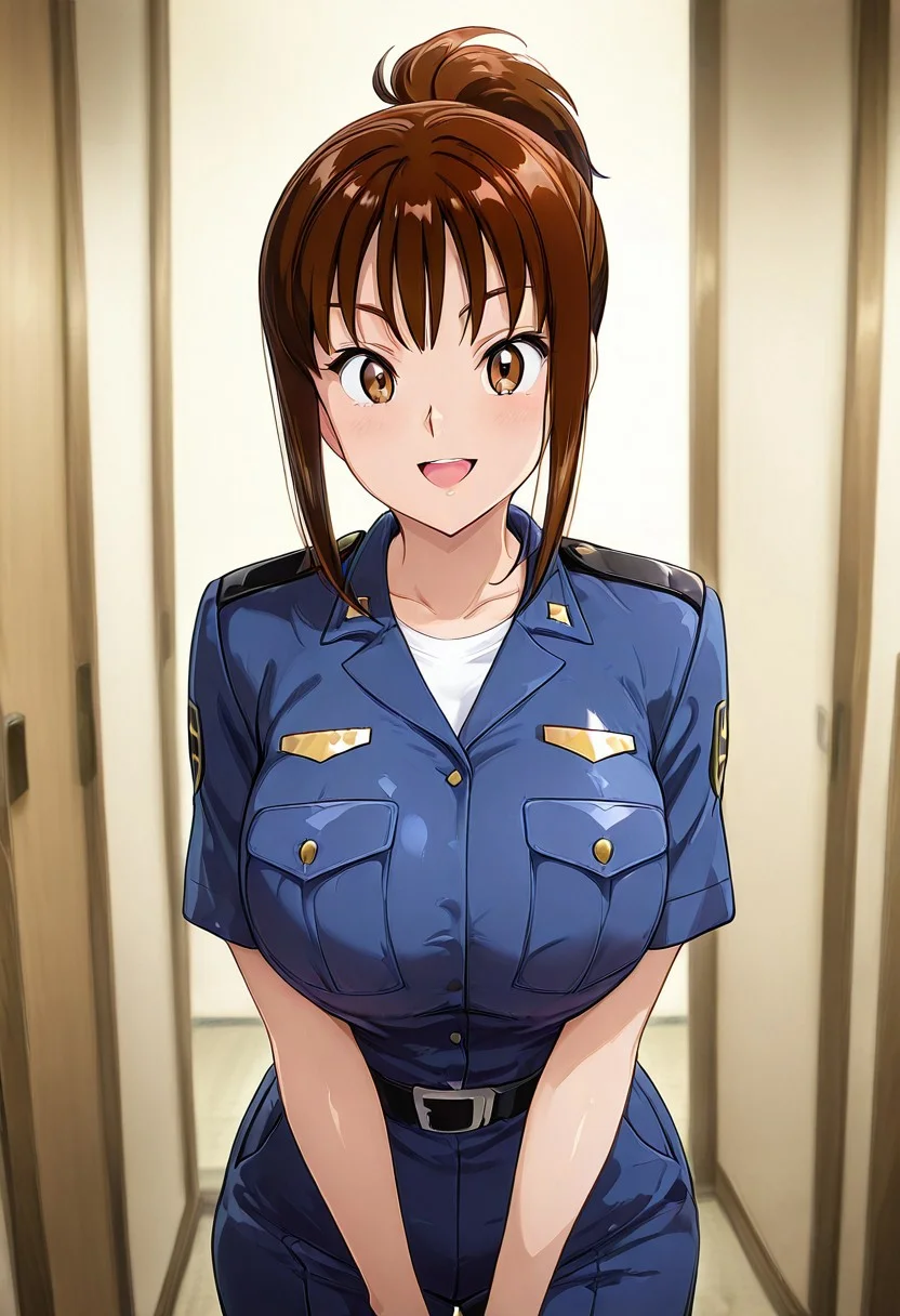 Best quality,masterpiece,soft light,official art,masterpiece,high quality,highres,absurdres,best quality,epic scene,natural textures,easynegative,Erotic_style,straight-on,souce_anime ,anime cloring,
cowboy shot, outdoors, 1girl,solo,smile,noon,open mouth,looking at viewer,standing,straight-on,military uniform,
Matoi Giboshi,brown hair, long_hair, ponytail, brown eyes, huge_breasts,police uniform,