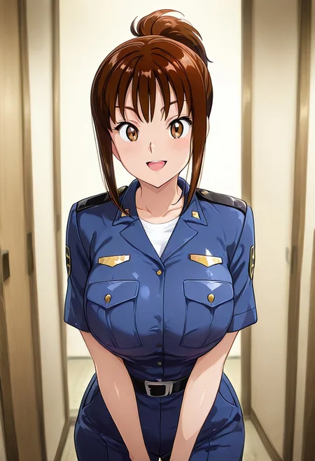 Best quality,masterpiece,soft light,official art,masterpiece,high quality,highres,absurdres,best quality,epic scene,natural textures,easynegative,Erotic_style,straight-on,souce_anime ,anime cloring,
cowboy shot, outdoors, 1girl,solo,smile,noon,open mouth,looking at viewer,standing,straight-on,military uniform,
Matoi Giboshi,brown hair, long_hair, ponytail, brown eyes, huge_breasts,police uniform,
