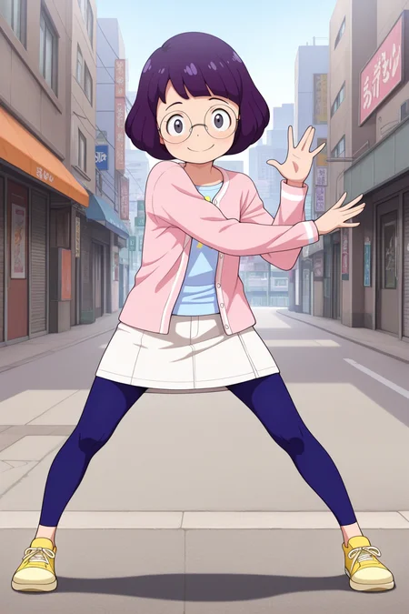 masterpiece, best quality, amazing quality, absurdres, misorainaho, purple hair, glasses, round eyewear, solo, smile, looking at viewer, pose, light blue shirt, pink cardigan, white skirt, blue leggings, yellow sneakers, outdoors, city, modern, street