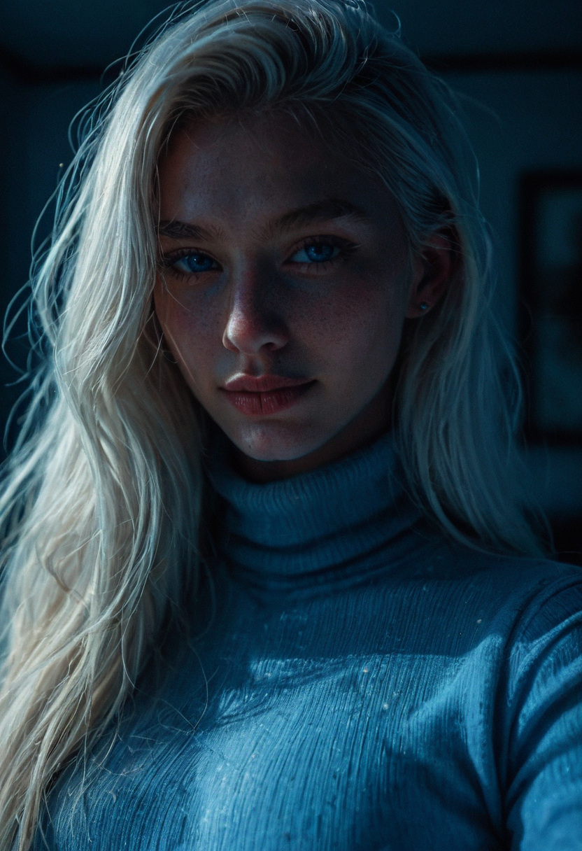 Masterpiece, best quality, amazing quality, award winning photo cowboy shot of a beautiful albino woman posing, bedroom,  majestic yellow wildflowers, white hair, dynamic lighting, cinematic still, pale skin, busty,screencap, skin texture, contemplative, smirk, piercing blue eyes, extremely long hair, sleek hair, portrait, dynamic pose, (blue turtleneck), 100mm f/2.8 macro lens, 
