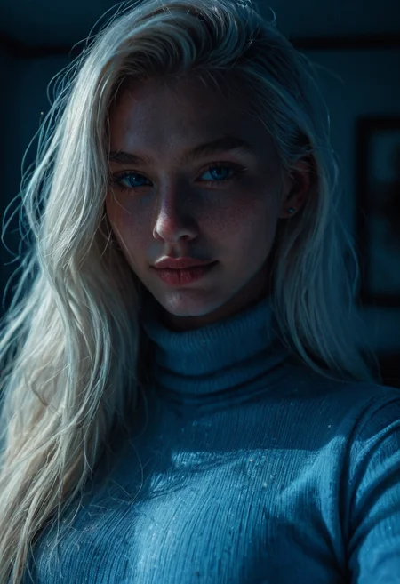 Masterpiece, best quality, amazing quality, award winning photo cowboy shot of a beautiful albino woman posing, bedroom, majestic yellow wildflowers, white hair, dynamic lighting, cinematic still, pale skin, busty,screencap, skin texture, contemplative, smirk, piercing blue eyes, extremely long hair, sleek hair, portrait, dynamic pose, (blue turtleneck), 100mm f/2.8 macro lens,