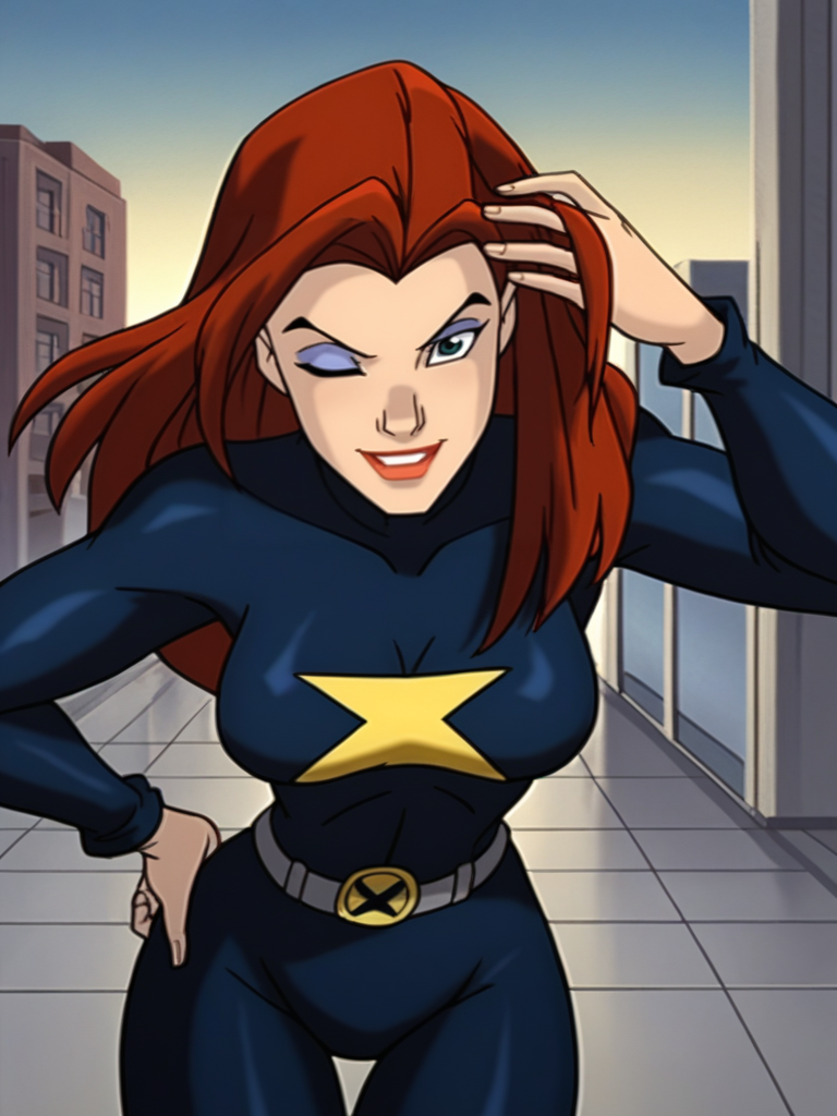 score_9,, 
1girl, superhero costume, (storm \(x-men\):1), one eye closed, makeup, bodysuit, medium breasts, wide hips, sexy, one hand on hips, one hand on hair, epic pose, looking at viewer, cowboy shot, dynamic pose, smile, wide shot, solo, portrait, city, leaning forward, head tilt, 
XmenEvo, flat color, official style, cartoon style, <lora:AXmenEvolutionXL_Style:1.1>