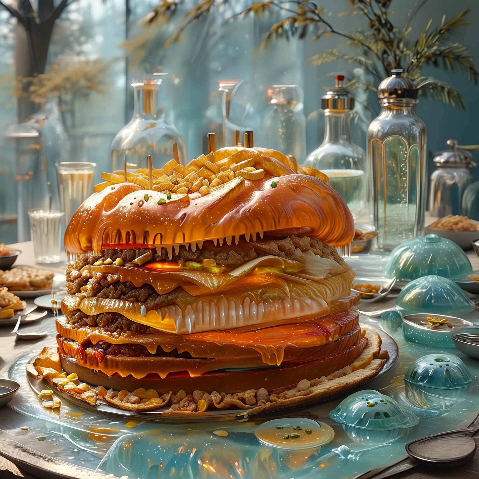 foodphoto, a cheeseburger and fries made out of slime, cheeseburger and fries on a plate, french fries, french fries made of slime, food made of slime, food still life, plate made of slime, table made of slime,
natural light, no bright spots, 
((translucent slime)), ((transparent slime)), made of water, (bioluminescent slime), sl1m3, slime, slime-morph, ais-blmn, saturated colors, no creatures, no humans, no monsters, no pokemon, scenery only, scenery, ral-lava, watce, food_focus