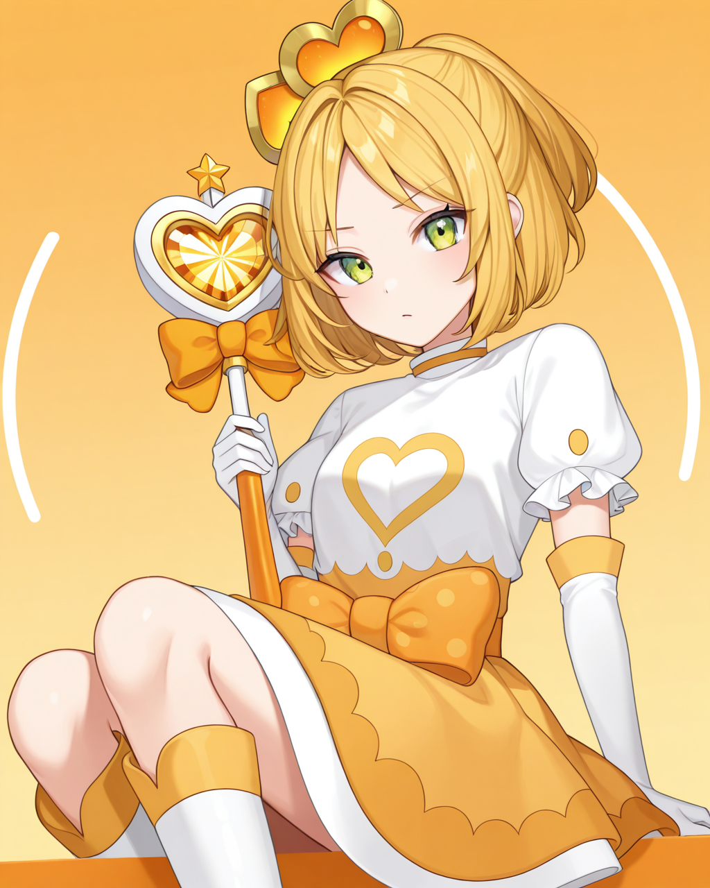compass_chara, 1girl, solo, ruruka, blonde hair,short hair,ponytail, orange heart hair ornament, green eyes, magicalruruka costume, orange heart print white shirt, polka dot bow, orange bow, orange dress, elbow gloves, knee boots, orange heart wand, holding, looking at viewer, masterpiece, best quality, very aesthetic, absurdres