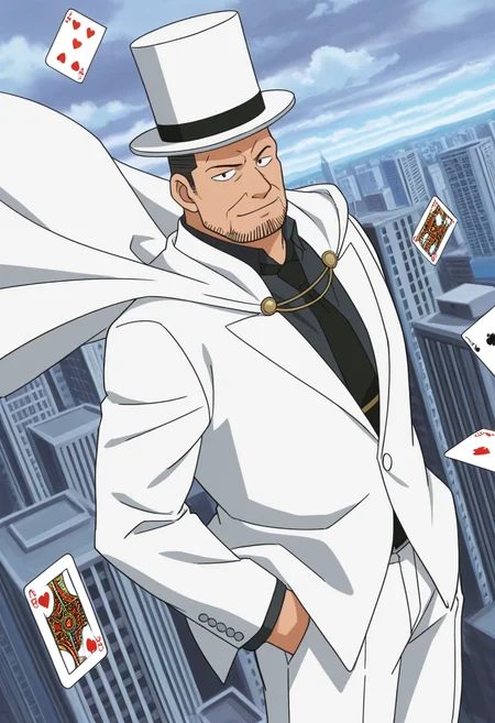 1boy, cowboy shot, looking at viewer, standing, dutch angle, from above, falling poker, jumping, dynamic pose,
BREAK
<lora:Inspector_Yuminaga_from_Detective_Conan_v1.0:1> thick arms, (plump:0.5),
inspectoryuminaga, mature male, black hair, flattop, anime screencap,
BREAK
white suit, white hat, top hat, white cape, floating cape, standing, city. cityscape, day, cloudy sky,
BREAK
very awa, masterpiece, best quality, absurdres, newest, perfect quality, detailed background, intricate details,