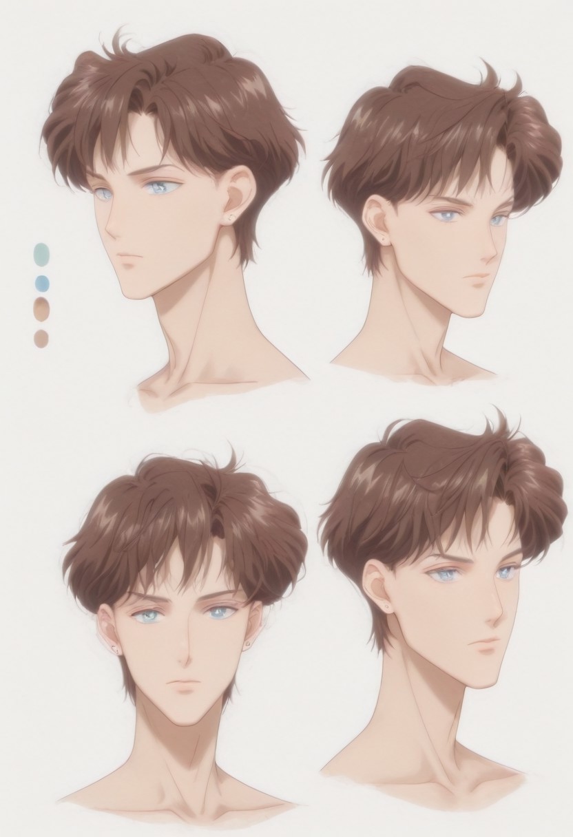 highres, hi res, best quality, masterpiece, intricate details, 4k, absurdes, anime style, detailed features, semi-realistic, painted style, detailed style, (((1boy))), ((solo)), [[mamoru_chiba]], (handsome anime guy), (beautiful face), [Crystal Movies Style], (alone),  ikemenboys, CharacterDesignIllustrious, reference sheet, simple white background, (color guide:1.2), (multiple views), (full body), dynamic pose, well-defined features, Realistic facial features, [sharply defined jawline], casual modern clothing, [loose-fitting clothing], [[overdressed]], [clean-cut], [[fashionable]], detailed eyes, big anime eyes, (beautiful light blue eyes), piercing blue eyes, [glistening eyes], perfect eyes, beautiful light blue eyes, blue eyes, glitter eyes, sparkling eyes, (high-placed eyes), [pointy chin], angular features, (sharp chin and jawline), sharp features, realistic features, defined features, bangs, detailed hair, short hair, (dark brown hair), (darker hair color), streak of grey hair, attractive features, [masculine], [weak], [frail], (high and narrow features), narrow shoulders, [stubble], [pointy nose], attractive, long features, [natural eyeliner], [popular guy], (oval face), long face, detailed inner cheeks, sunken cheeks, strong cheekbones, [frail guy], dreamy, (handsome), [skinny], lanky, thin, small mouth, thin lips, (handsome ikemen), Caucasian, white, pinkish-pale skin, gaunt appearance, perfect face, [pretty boy], (handsome face), (gorgeous face), [[manly face]]