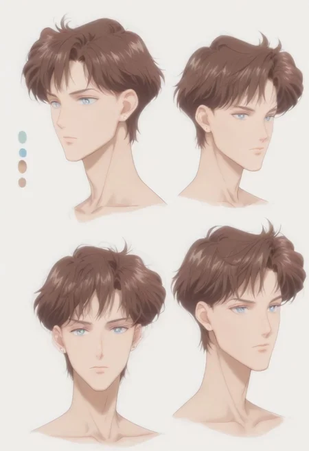 highres, hi res, best quality, masterpiece, intricate details, 4k, absurdes, anime style, detailed features, semi-realistic, painted style, detailed style, (((1boy))), ((solo)), [[mamoru_chiba]], (handsome anime guy), (beautiful face), [Crystal Movies Style], (alone),  ikemenboys, CharacterDesignIllustrious, reference sheet, simple white background, (color guide:1.2), (multiple views), (full body), dynamic pose, well-defined features, Realistic facial features, [sharply defined jawline], casual modern clothing, [loose-fitting clothing], [[overdressed]], [clean-cut], [[fashionable]], detailed eyes, big anime eyes, (beautiful light blue eyes), piercing blue eyes, [glistening eyes], perfect eyes, beautiful light blue eyes, blue eyes, glitter eyes, sparkling eyes, (high-placed eyes), [pointy chin], angular features, (sharp chin and jawline), sharp features, realistic features, defined features, bangs, detailed hair, short hair, (dark brown hair), (darker hair color), streak of grey hair, attractive features, [masculine], [weak], [frail], (high and narrow features), narrow shoulders, [stubble], [pointy nose], attractive, long features, [natural eyeliner], [popular guy], (oval face), long face, detailed inner cheeks, sunken cheeks, strong cheekbones, [frail guy], dreamy, (handsome), [skinny], lanky, thin, small mouth, thin lips, (handsome ikemen), Caucasian, white, pinkish-pale skin, gaunt appearance, perfect face, [pretty boy], (handsome face), (gorgeous face), [[manly face]]