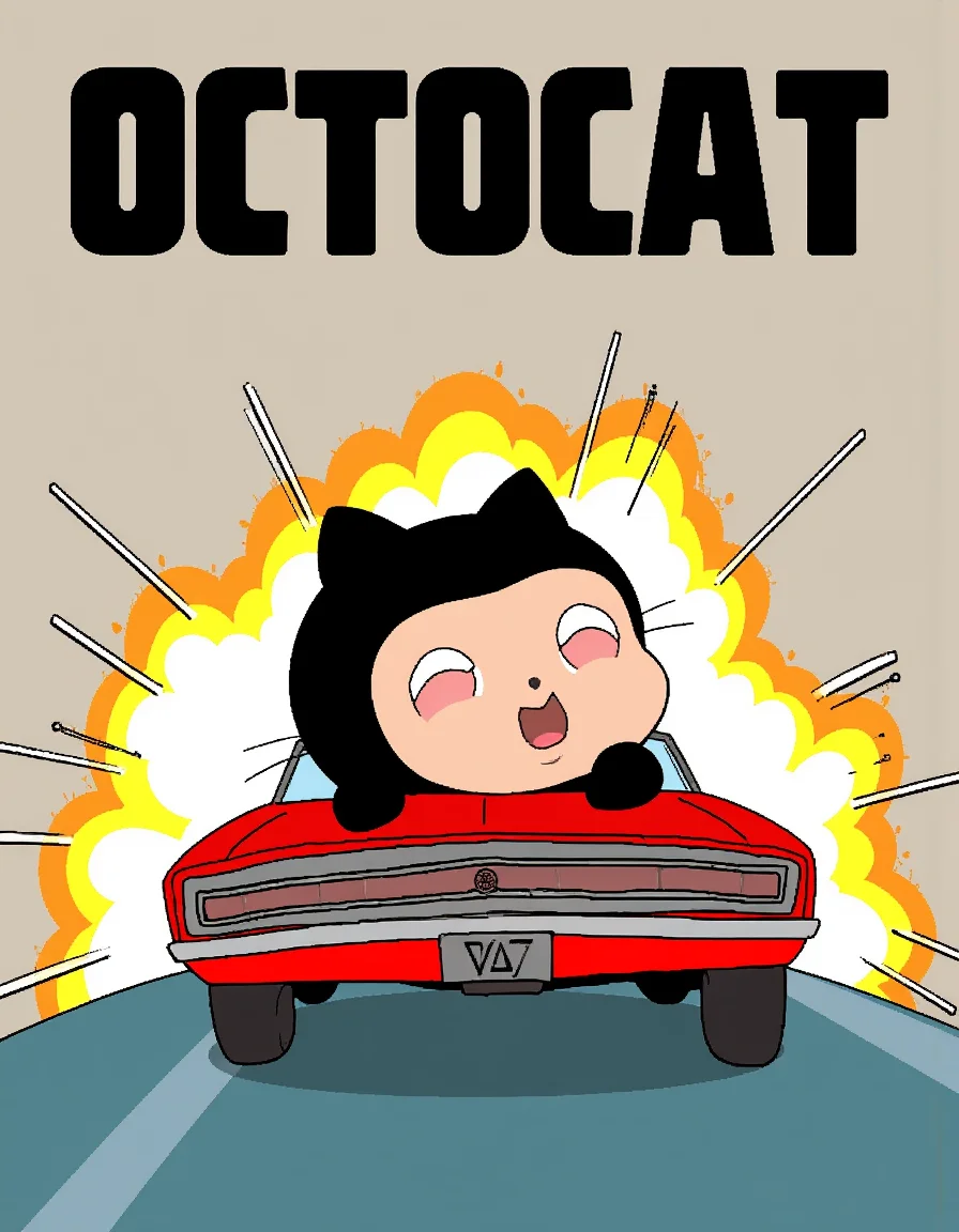 Octocat on a poster for the upcoming octocat movie. The monospace font text reads: "Octocat". The poster features an illustration of Octocat sliding across the hood of a car with an explosion behind it.<lora:General Flux\octocat.safetensors:0.9500000000000001:1.0>