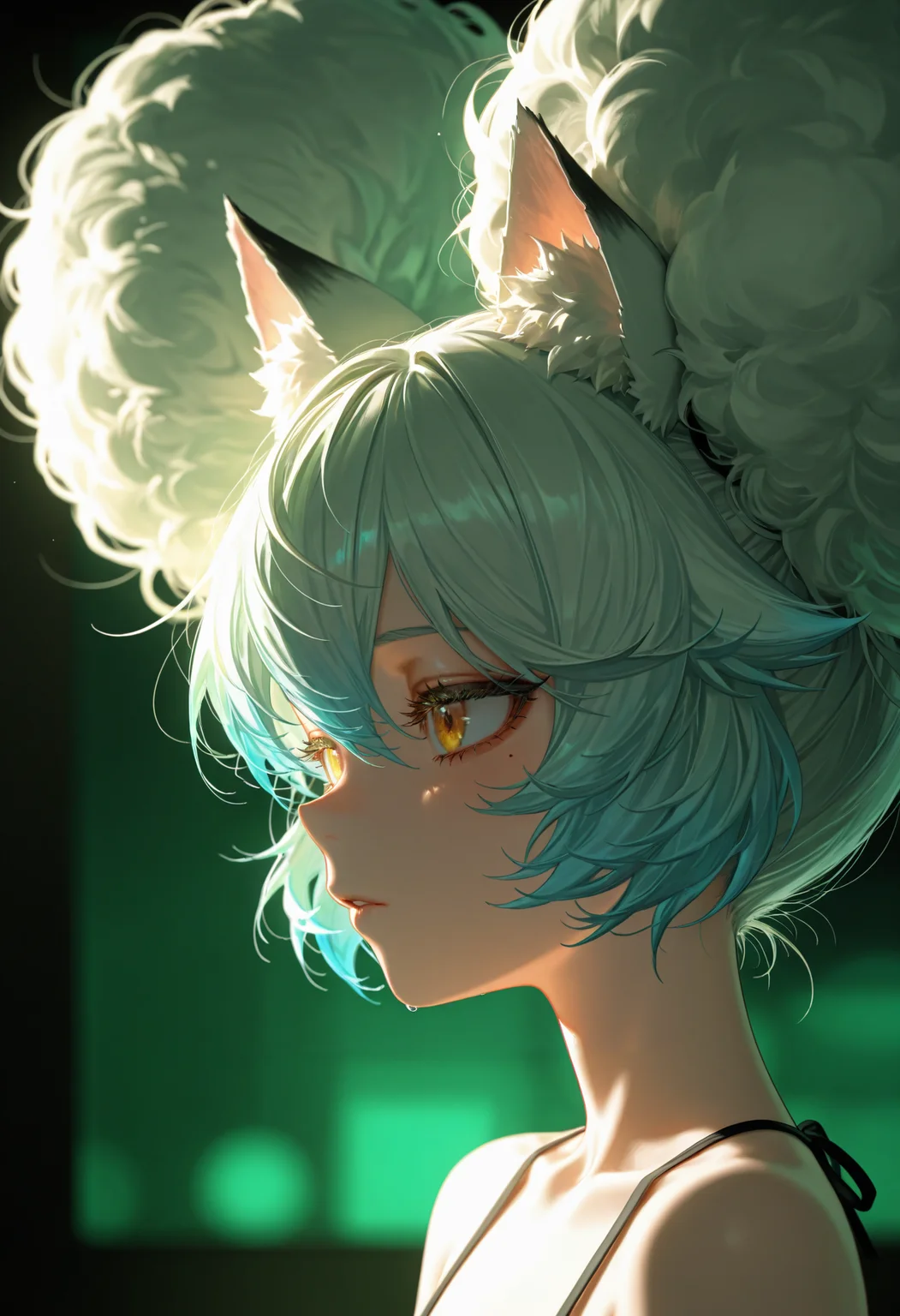 texture masterpiece,[quasarcake:crain1art:9],[dlgeria::9],(xxyt-xx:0.85),chen bin,(as109:0.5),fagun_yibei,berryverrine,
cinematic,1girl,green,fluffy hair,from side,looking ahead,afro puffs,hair_flaps,big hair,animal_ears top down close-up,
masterpiece,best quality,amazing quality,very awa,absurdres,newest,very aesthetic,depth of field,highres,