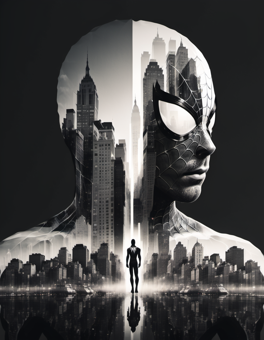 double exposure style,  spiderman, black and white new york city