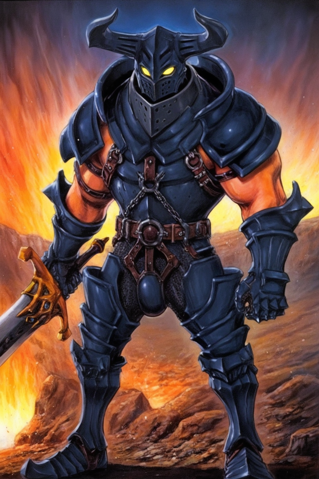 masterpiece,best quality,amazing quality,cyb88, traditional media, GOHAGO, 1boy, very muscular, bare arms, pauldrons, horned helmet, glowing eyes, yellow eyes, gorget, full armor, codpiece, gauntlets, greaves, solo, holding sword, huge sword