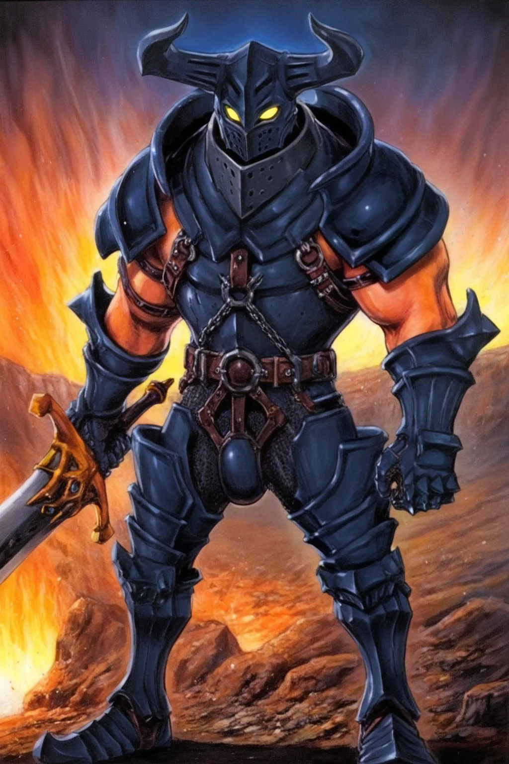 masterpiece,best quality,amazing quality,cyb88, traditional media, GOHAGO, 1boy, very muscular, bare arms, pauldrons, horned helmet, glowing eyes, yellow eyes, gorget, full armor, codpiece, gauntlets, greaves, solo, holding sword, huge sword