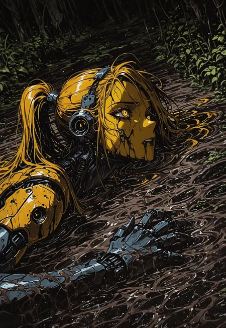 masterpiece, best quality, amazing quality, high resolution, 1girl, solo, robot girl, (yellow body:1.2), muscular, high ponytail, sci-fi landscape, deadly swamp landscape, DRKWB, submerged with only head and one arm visible, stuck in swamp, mud, struggling, side view, panicked, head focus, above neck, looking up, high angle