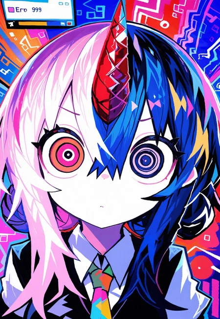 1girl, portrait, 404, ((6_9)), chibi, error message, http status code, pun, wall-eyed, solo,
colorful necktie, single_horn, broken_horn, [red_horn],
split-color hair, surreal digital colorful background,
tabisumika, yadu_nadu, patterned, high contrast, limited palette, no lineart, kaamin_(mariarose753),
masterpiece, absurdres, newest, [dynamic pose]