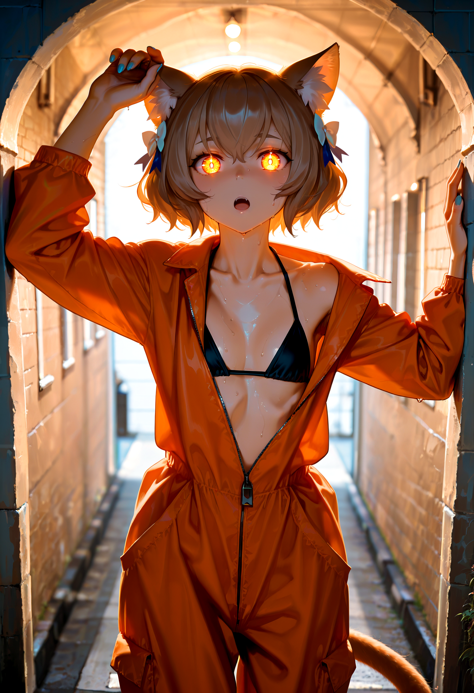 felix argyle, solo male, cat ears, cat tail, glowing eye, blue fingernails, :o, glowing eye, bright pupils, orange jumpsuit, oversized jumpsuit, partially unzipped, flat chested, pecs, black bikini, bikini under clothes, sweat, looking at viewer, tunnel, hot, humid, dynamic pose, BREAK
masterpiece, best quality, photo background, photography \(artwork\), photo \(medium\), detailed, detailed background, detailed clothing, detailed hair, wrinkles, skin folds, intricate, volumetric lighting, dramatic lighting, backlighting, very awa, very aesthetic, dynamic, BREAK