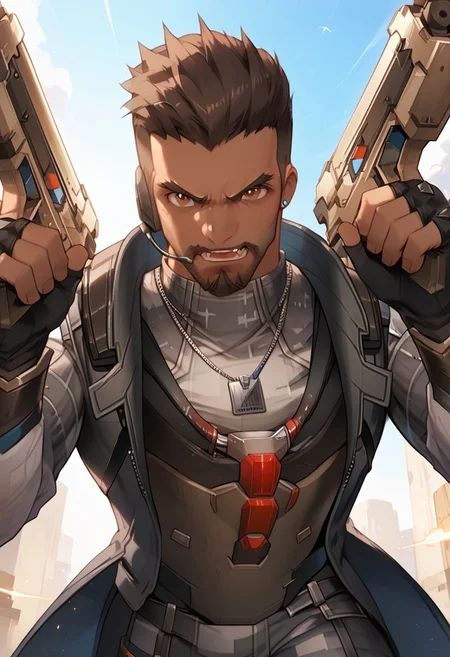 score_9, score_8_up, score_7_up, high quality, correct hands, correct fingers, 5-fingers, perfect face, perfect proportion, perfect anatomy, perfect eyebrows, perfect eyes, defined face, 1male, mature male, solo, soldier 24, greyes, reaper /(overwatch)/, dark skin, short hair, brown hair, hazel eyes, undercut, beard, scar on face, muscular, bara, armor, gloves, gray camouflage pants, dogtag, earphone, gray camouflage top, long sleeves, gauntlet, holding double gun, shooting, furious, open mouth, movement, dynamic pose, looking at viewer, BREAK, depth of field, super wide angle shot, extreme perspective,