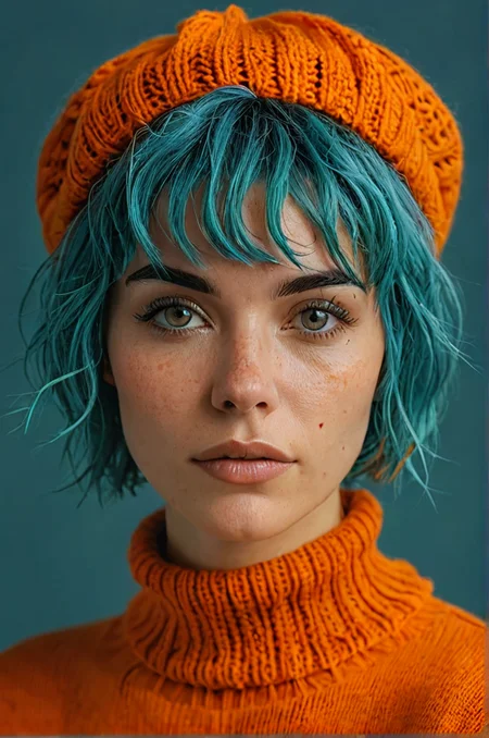 minimalist photo of a 25-year-old woman with (teal hair:1.2) in a messy bob haircut wearing an orange beret and an orange knitted jumper, slightly tussled hair, natural skin, realistic skin texture, skin pores, (skin oils:0.6), (teal background:1.2), photorealistic, hyperrealism, <lora:- SDXL - vanta-black_contrast_V3.0:0.6> <lora:MJ52:0.2>