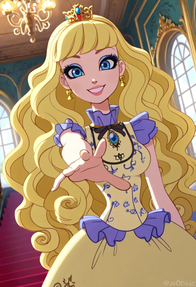 masterpiece, best quality, solo, curvy, beautiful eyes,  narrow waist, wide hips, smile, looking at viewer, zzBlondie, blue eyes, blonde hair, curly hair, long hair, wavy hair,  ,     <lora:BlondieLockesEAH_IXL:0.8>,  dynamic angle, foreshortening, close up, [High Fashion Met Gala Bloom], Couture dress, gemstone accessories, dramatic eyeliner, flowing train, Descending a staircase in a luxury interior beneath chandeliers, turning heads at a high-fashion gala.