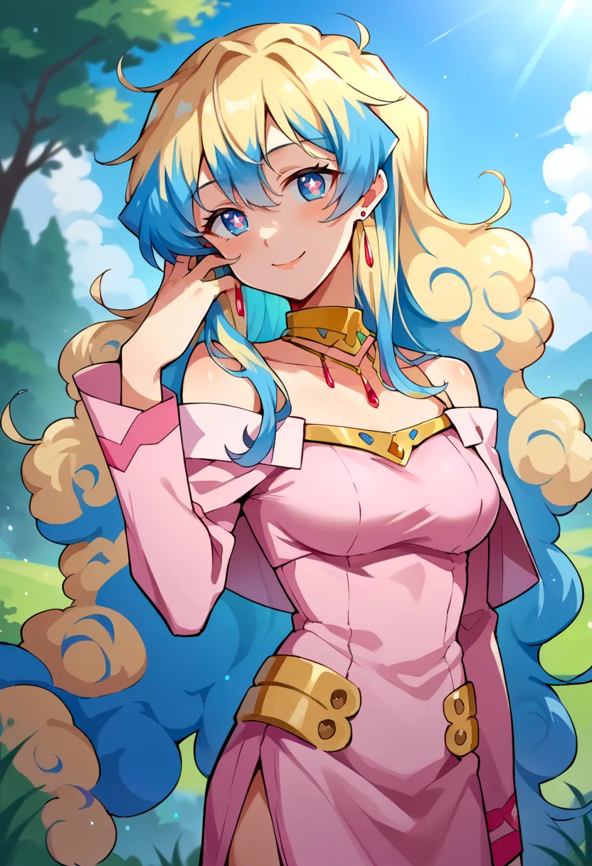 score_9, score_7_up, source_anime, BREAK smile, head tilt, hand in own hair, <lora:NiaS2-000009:1> nias2, 1girl, blue eyes,symbol-shaped pupils, very long hair, blonde hair, blue hair, two-tone hair, medium breasts,
earrings, jewelry, pink dress, bare shoulders, long sleeves,